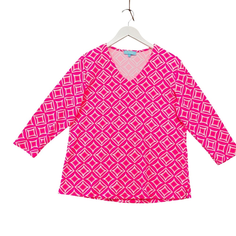 Anthonys Resort Wear Womens Pink Geometric V-Neck 3/4 Sleeve Top Large - Picture 2 of 7